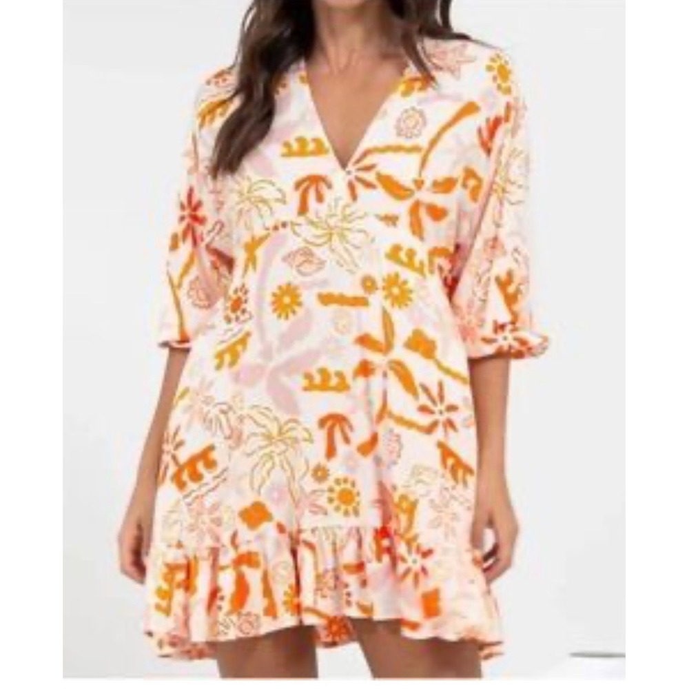 Label of Love Tropical Floral V-Neck Ruffle Mini Dress boho flirty romantic L